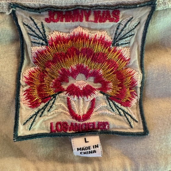 Johnny Was Tunic Women’s Large Beige Embroidered Hibiscus Floral Slit V-Neck - Picture 7 of 13